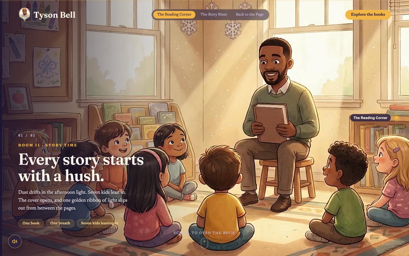 The Tyson Bell Creative homepage: an illustrated classroom scene of a teacher reading aloud to seven children seated on a rug in afternoon light.