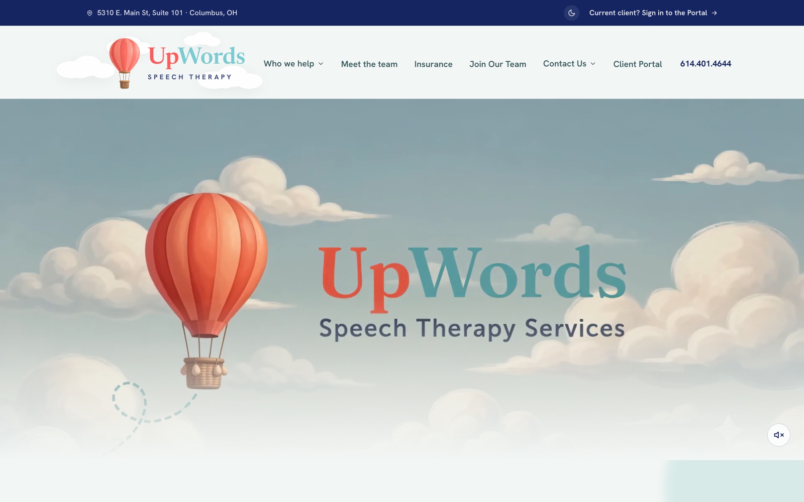 The UpWords Speech Therapy homepage: a hot air balloon drifting through a soft, cloud-filled sky above the practice name.